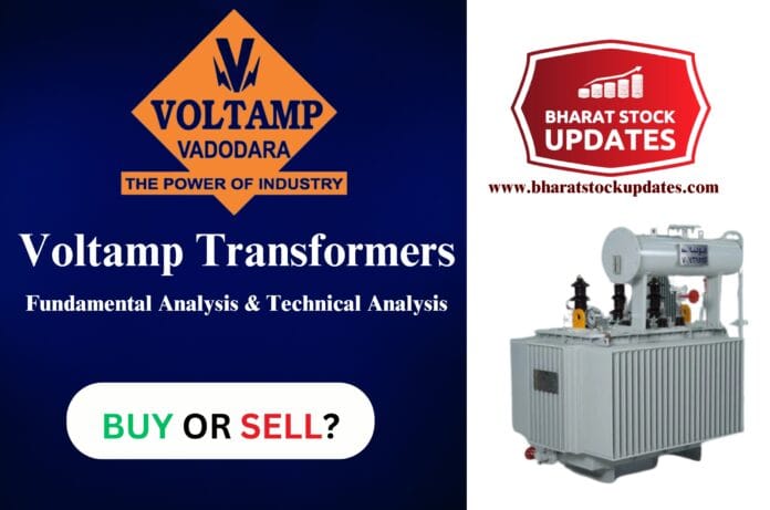 Voltamp Transformers stock price chart showing 52-week low at ₹6,400 with technical indicators (RSI, support/resistance levels) and key fundamentals like P/E 20.97, ROE 24.22%, and debt-free balance sheet